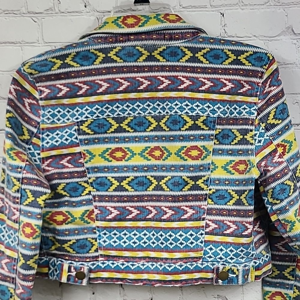 Tinseltown Denim Couture Aztec Tribal Cropped Jean Jacket Western Stretch Boho - Picture 9 of 10